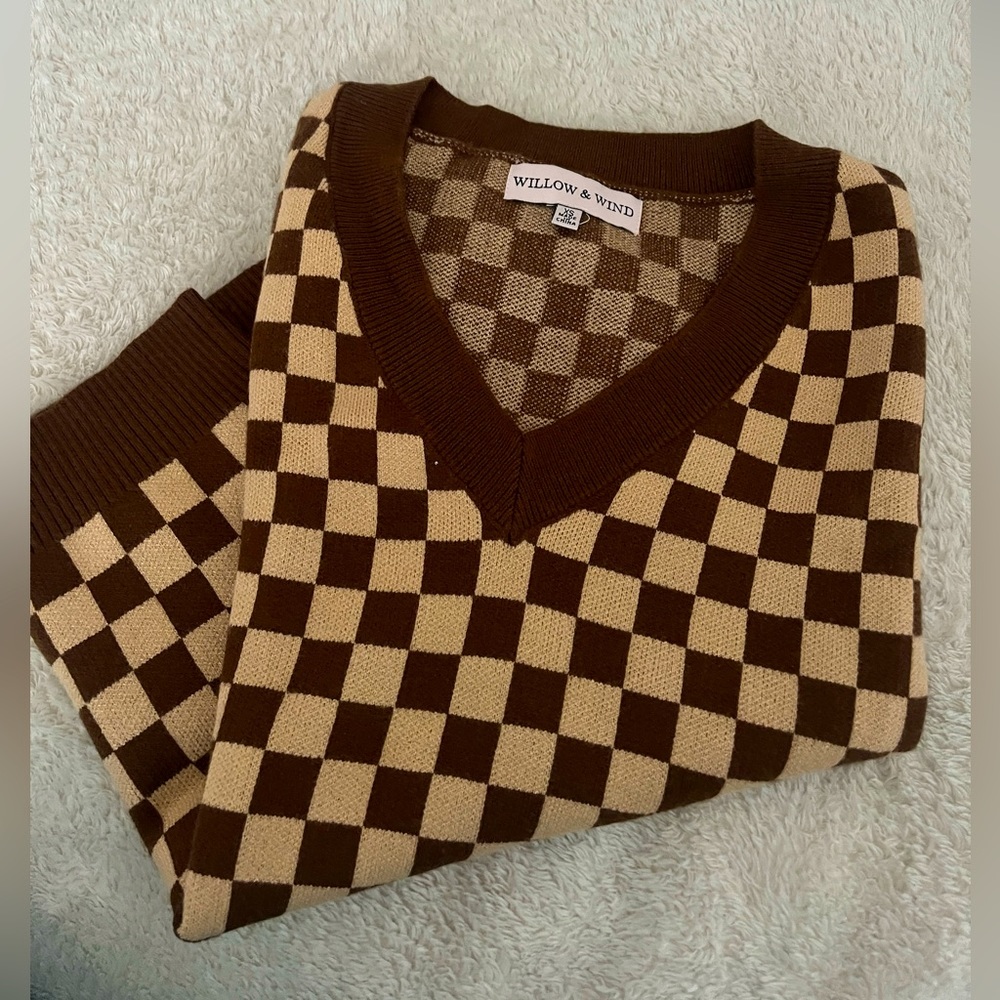 Brown Checkered Pattern Sweater Vest